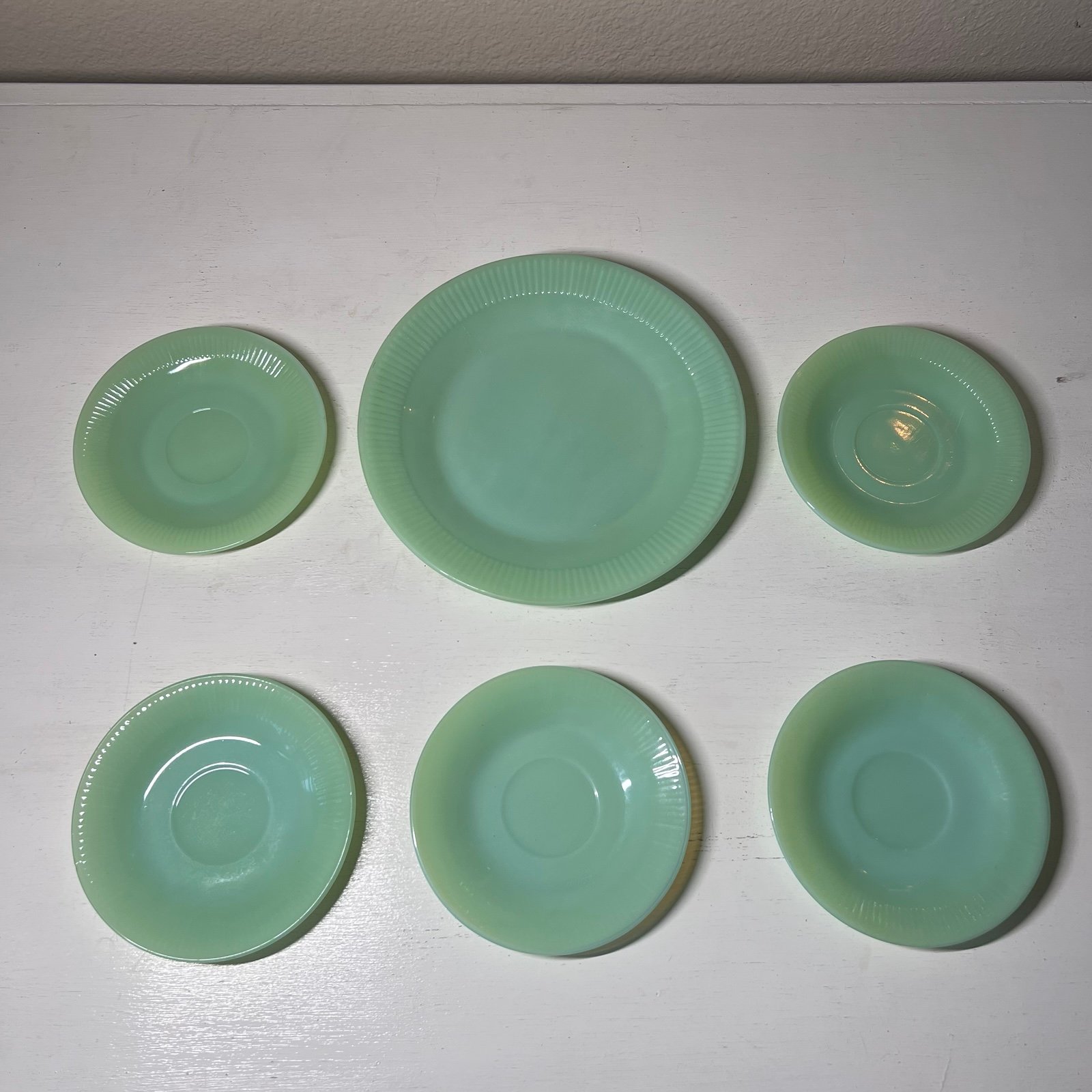 Vintage Fire King Jadeite Ribbed “Jane Ray” Saucers