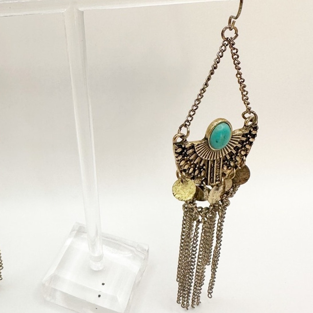 Western Blue Gold tone Turquoise Dangle Chandelier Statement Earrings Boho