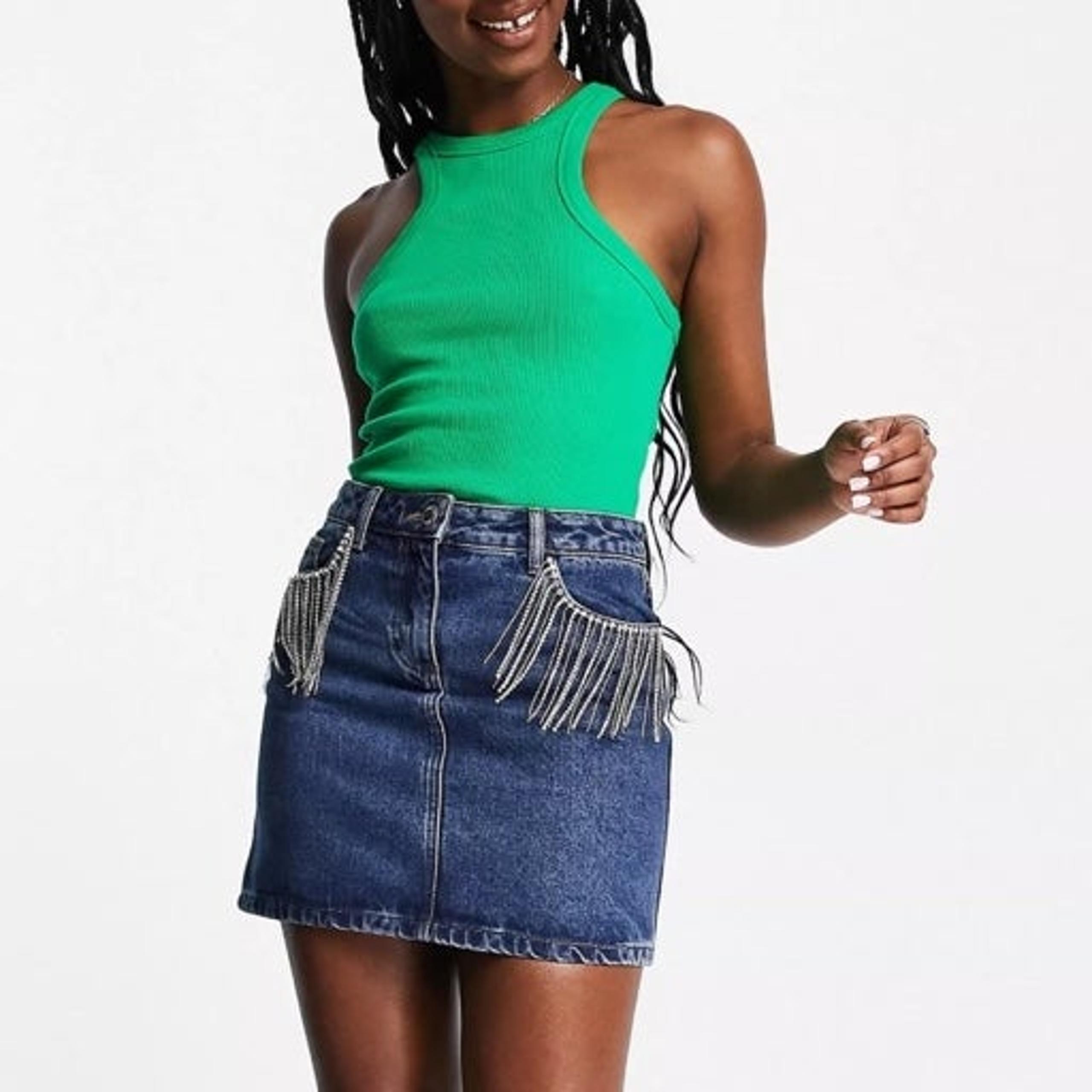 Miss Selfridge ASOS Women’s Diamanté Rhinestone Fridge Blue Mini Denim Skirt 6
