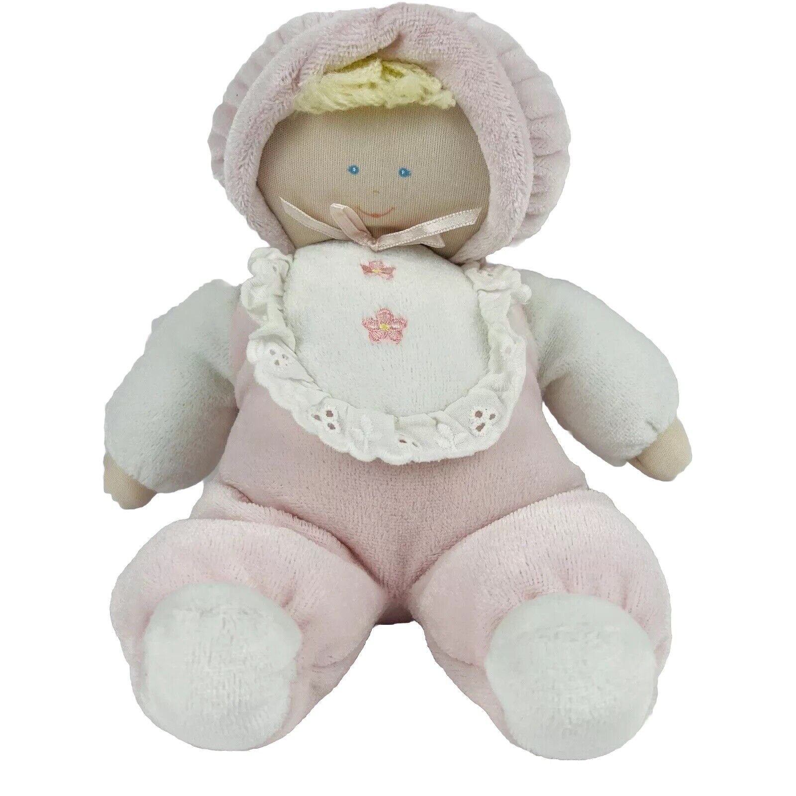Vintage Eden Blonde Baby Doll Plush Lace Bib Pink Soft Doll Toy 9