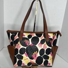 Fossil Mimi Black Floral Tote Leather Shoulder Bag EUC