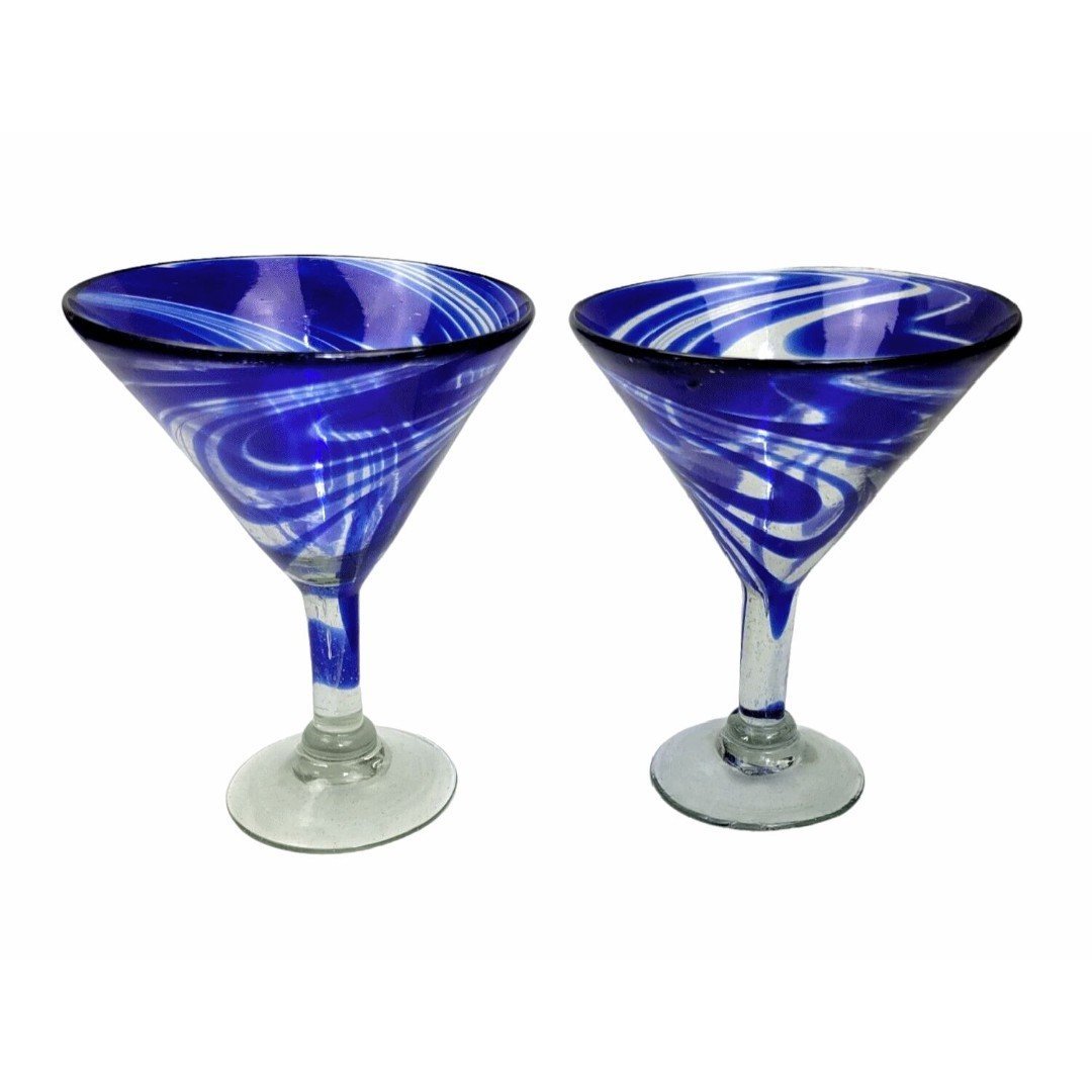 Cobalt Blue Swirl Hand Blown Margarita Glasses Martini Cocktail 7 Set of 2