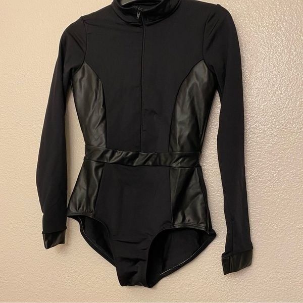 Double Platinum dance costume N8927C long sleeve leotard Black faux leather SA