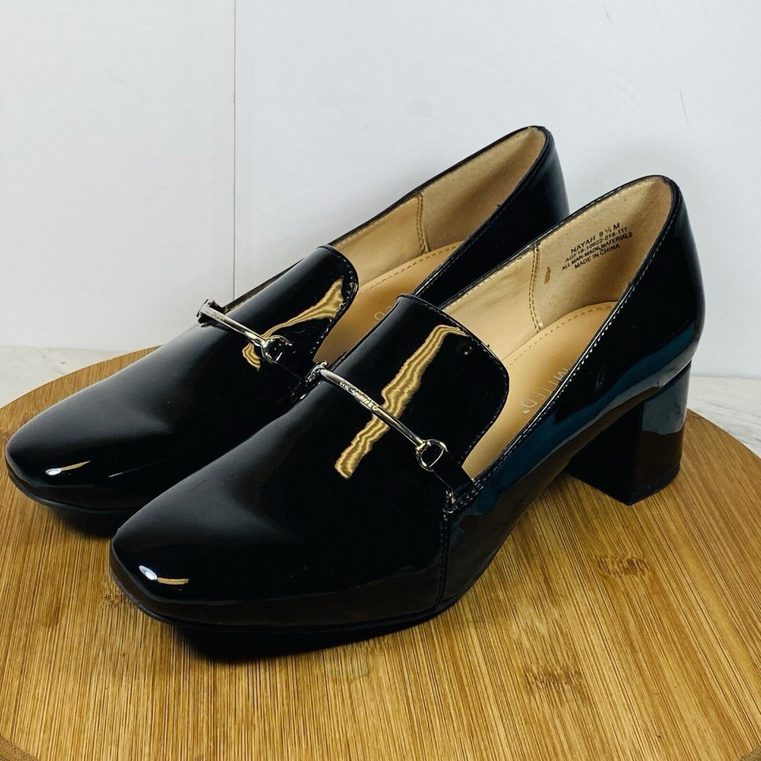 THE LIMITED NAYAH FAUX PATENT LEATHER LOAFER PUMPS SILVER METAL ACCENT 8.5M
