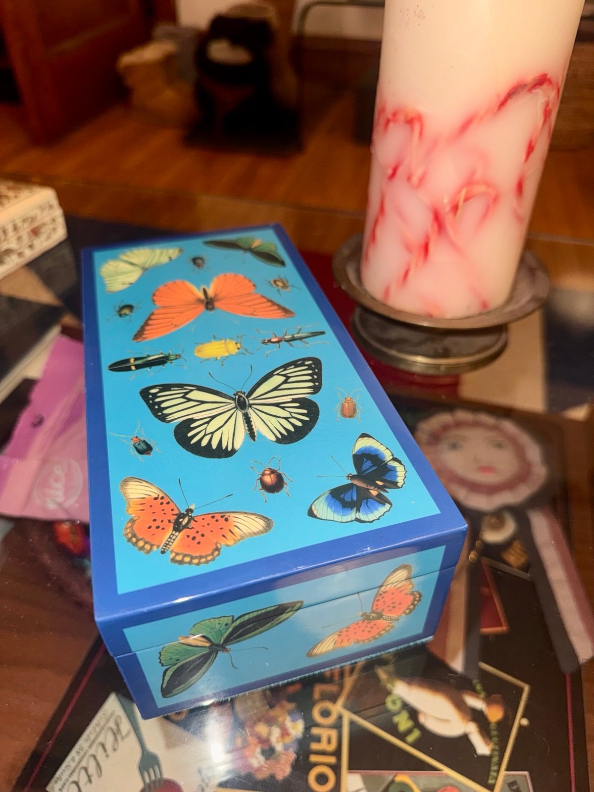 Jonathan Adler Small Blue Botanist Lacquer Butterfly Box W/ Velvet Lining