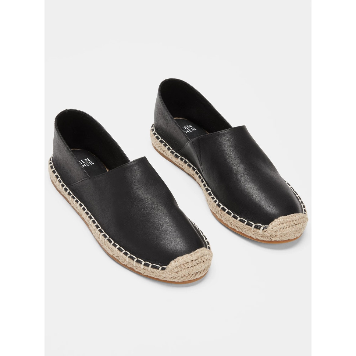 Eileen Fisher Black Leather Myth Espadrill Braided Jute Boho Flat NWOB Slip-on 8