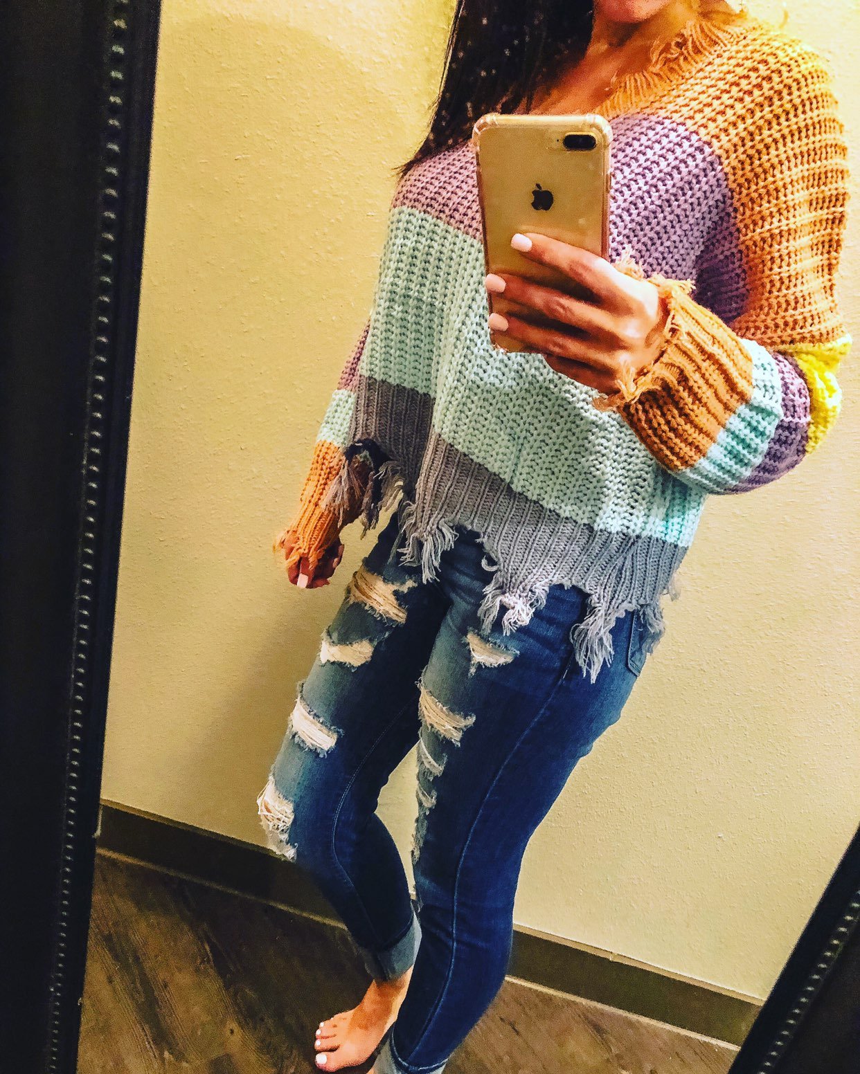 Multi-Color Stripe Distressed Sweater