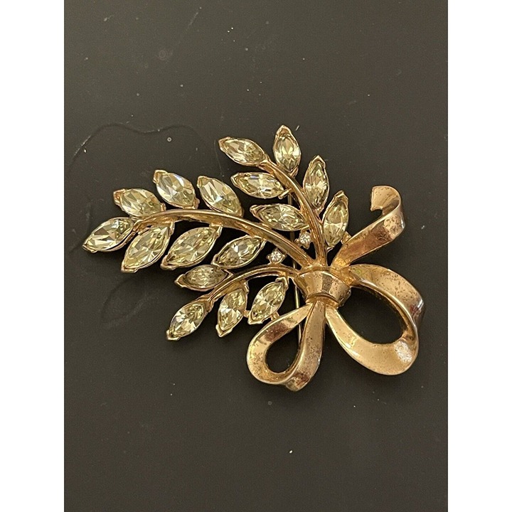 Sterling Silver Vermeil Floral Spray Clear Rhinestone Brooch Pin