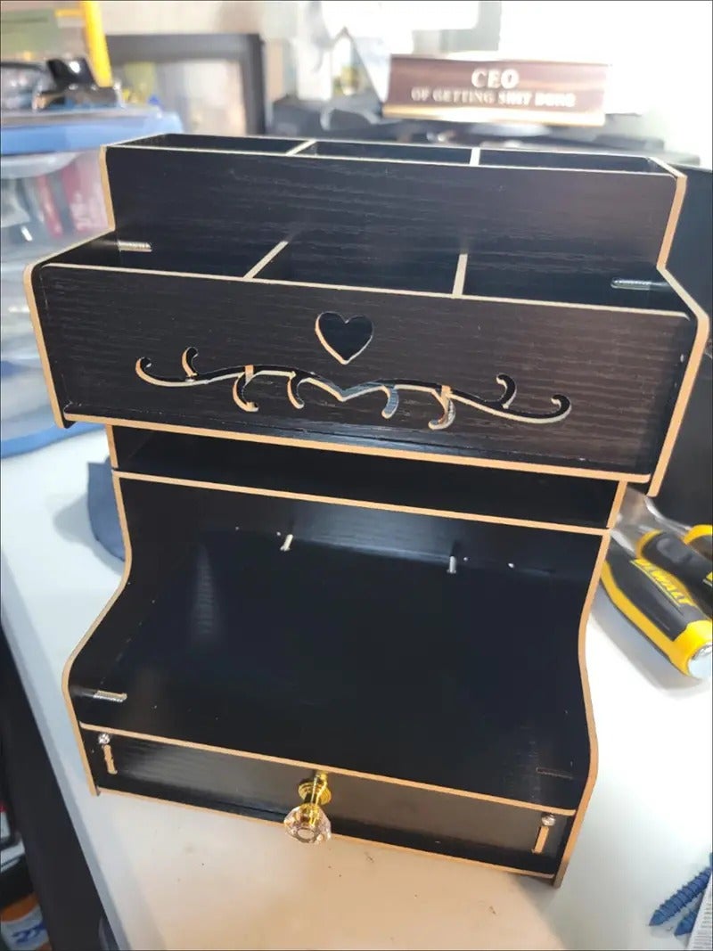 Wooden Desk File Organizer with Pen Holder & Drawer