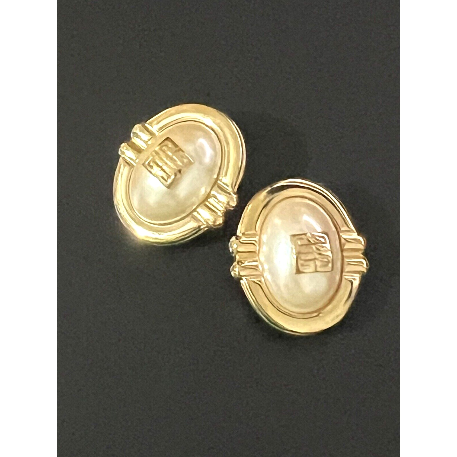 Vtg Authentic Givenchy Paris chunky Logo Runway Clip On Earrings faux pearl