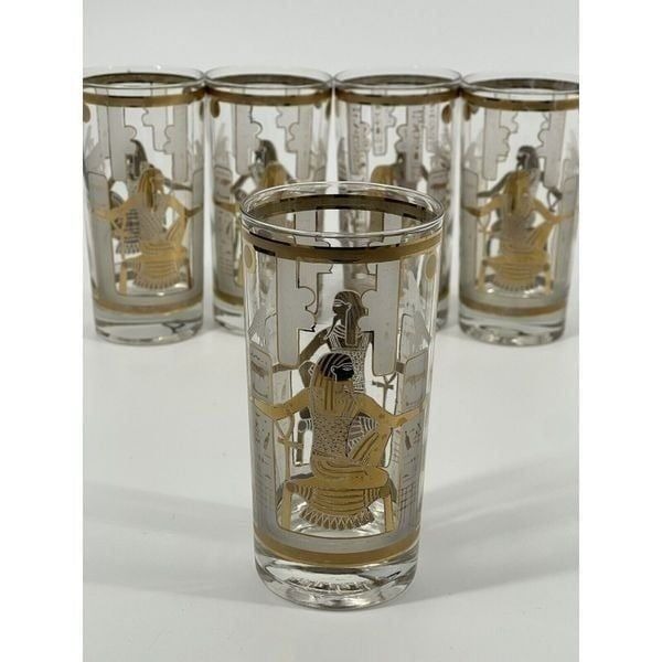 Vintage Culver Highball Glasses Gilt Gilded Gold Egyptian Hieroglyphics Set Of 5