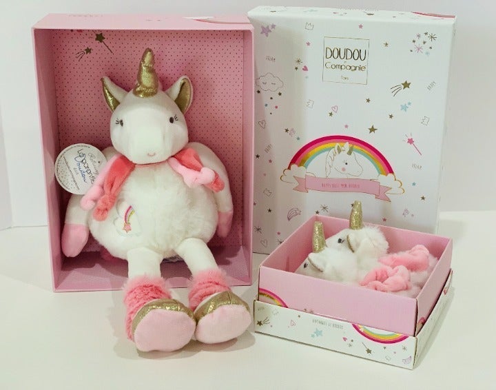Doudou et Compagnie Unicorn Slippers and Unicorn LARGE Toy Gift Set HTF