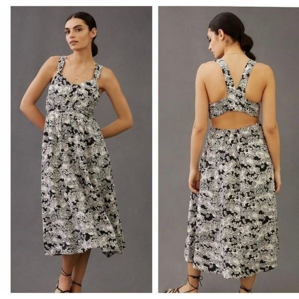 Anthropologie floral black white printed midi sundress sleeveless Size S