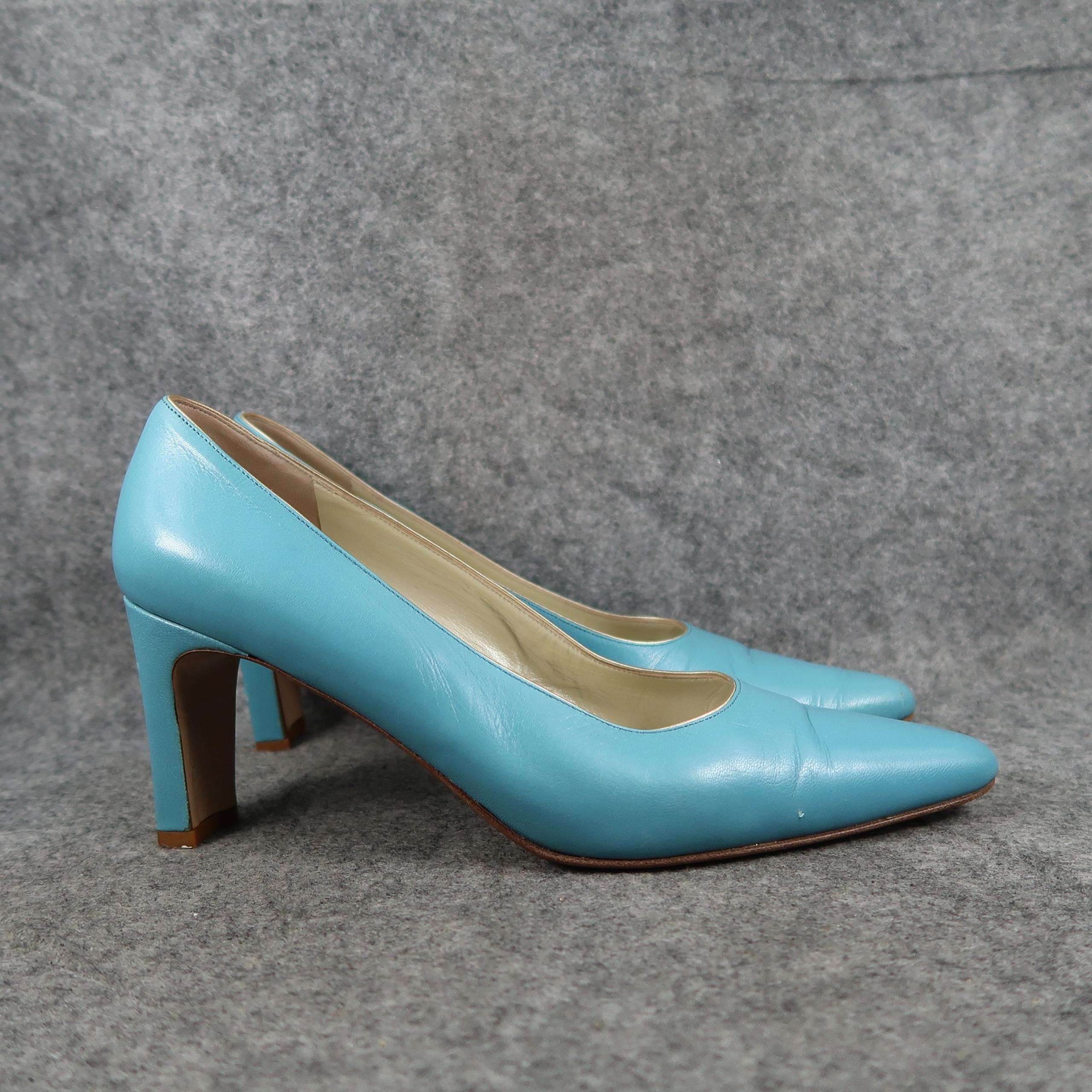 Amalfi Shoes Womens 8.5 Pumps Blue Leather Vintage Pointed Toe High Heels Retro