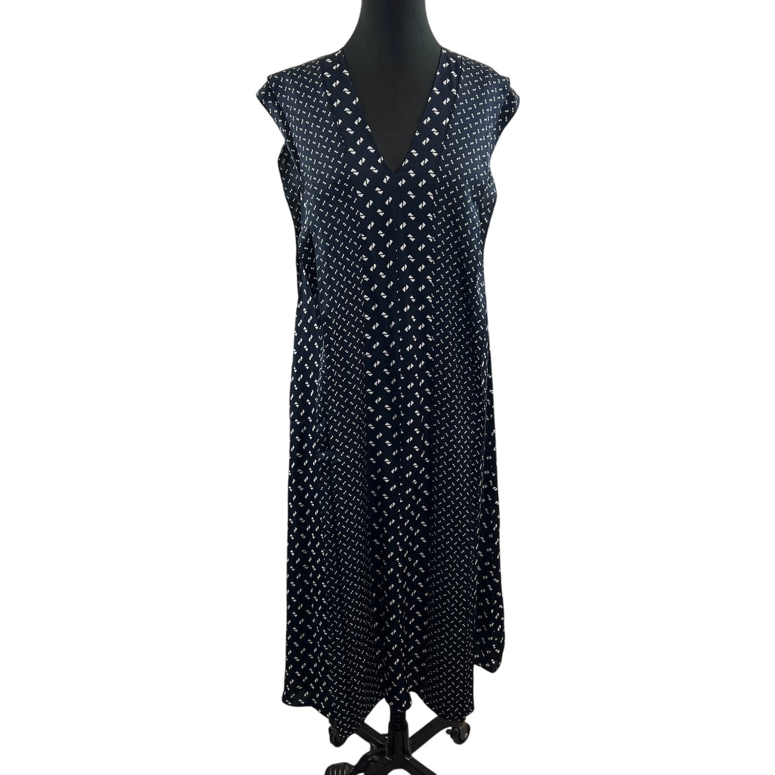THEORY V-Neck Ruffle Midi Silk Dress Navy Multi Micro Link Geo Printed Dolman M