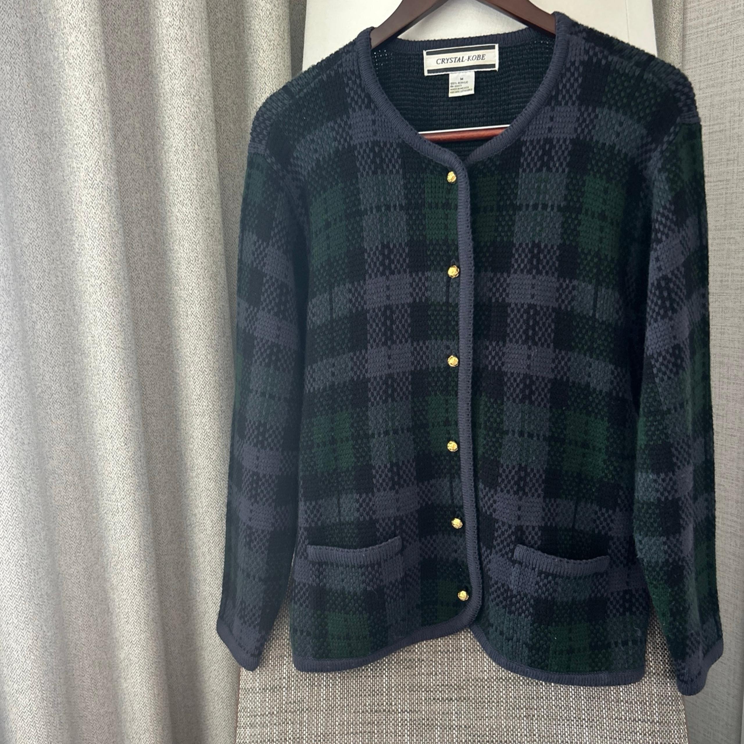 Vintage Crystal-Kobe Plaid Cardigan Sweater Purple/Green/Black, Women's Medium