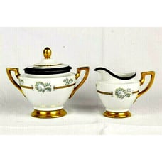 Haas & Czjzek 1792 Schlaggenwald Creamer & Sugar Bowl Floral White Gold Trim
