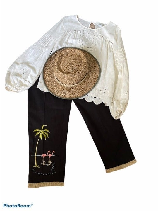 Vintage David Paul of NY| High-Waist Capri Pants Embroidered Jute fringed hem