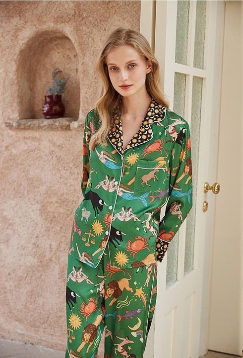 Boho Astrology Two Piece Pajama Set Silk imitation Retro Zodiac Constellation PJ