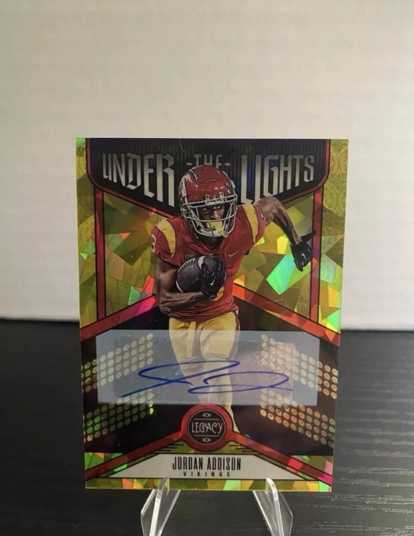 2023 Panini Legacy Football Jordan Addison Yellow Cracked Ice Rookie Auto /25