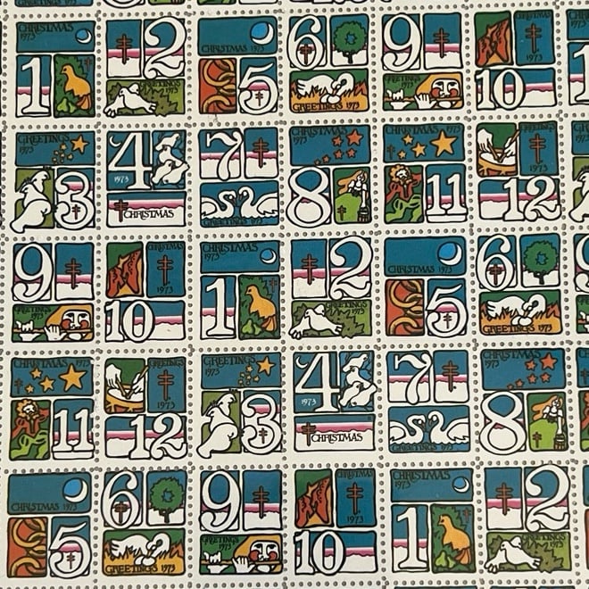 Vintage 12 Days of Christmas 1973 Cinderella Seals Stamps Complete Page Mint