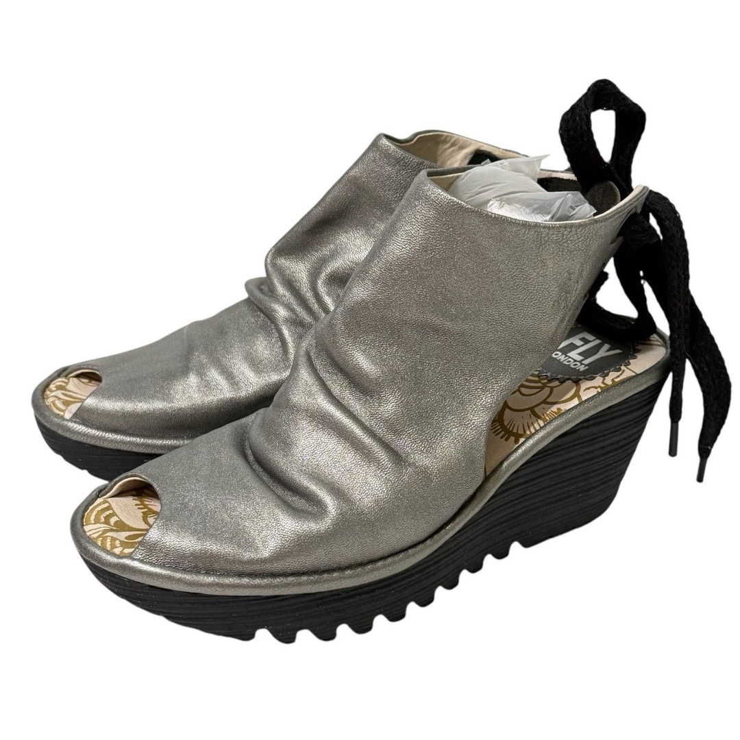 Fly London Yema Peeptoe Wedge Shoes Sandals Slouch Silver Metallic Tie Back 36