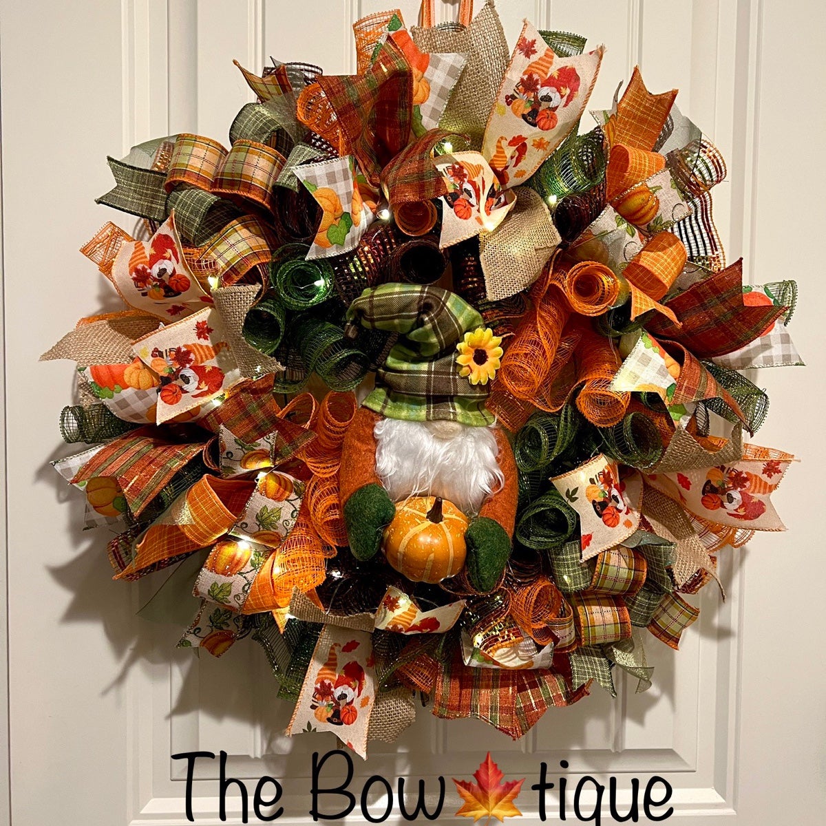 Autumn Fall Ribbon Wreath Pumpkin Gnome Handmade 22 in’s. #W6