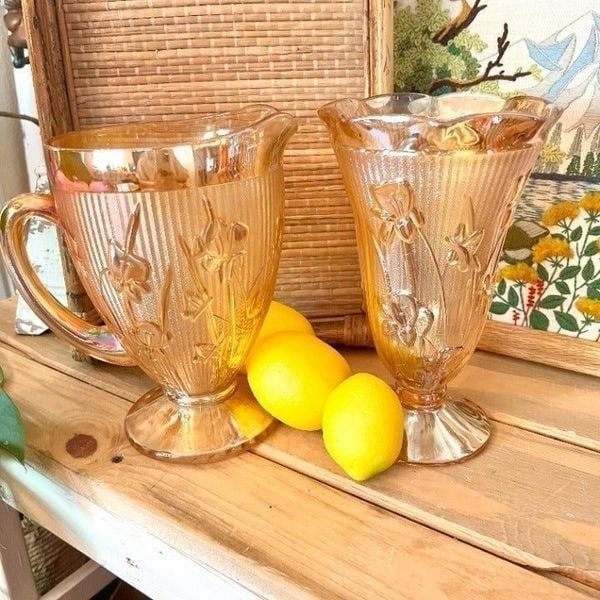 Vintage Jeanette Iridescent Orange Irish and Herringbone Vase and Pitcher