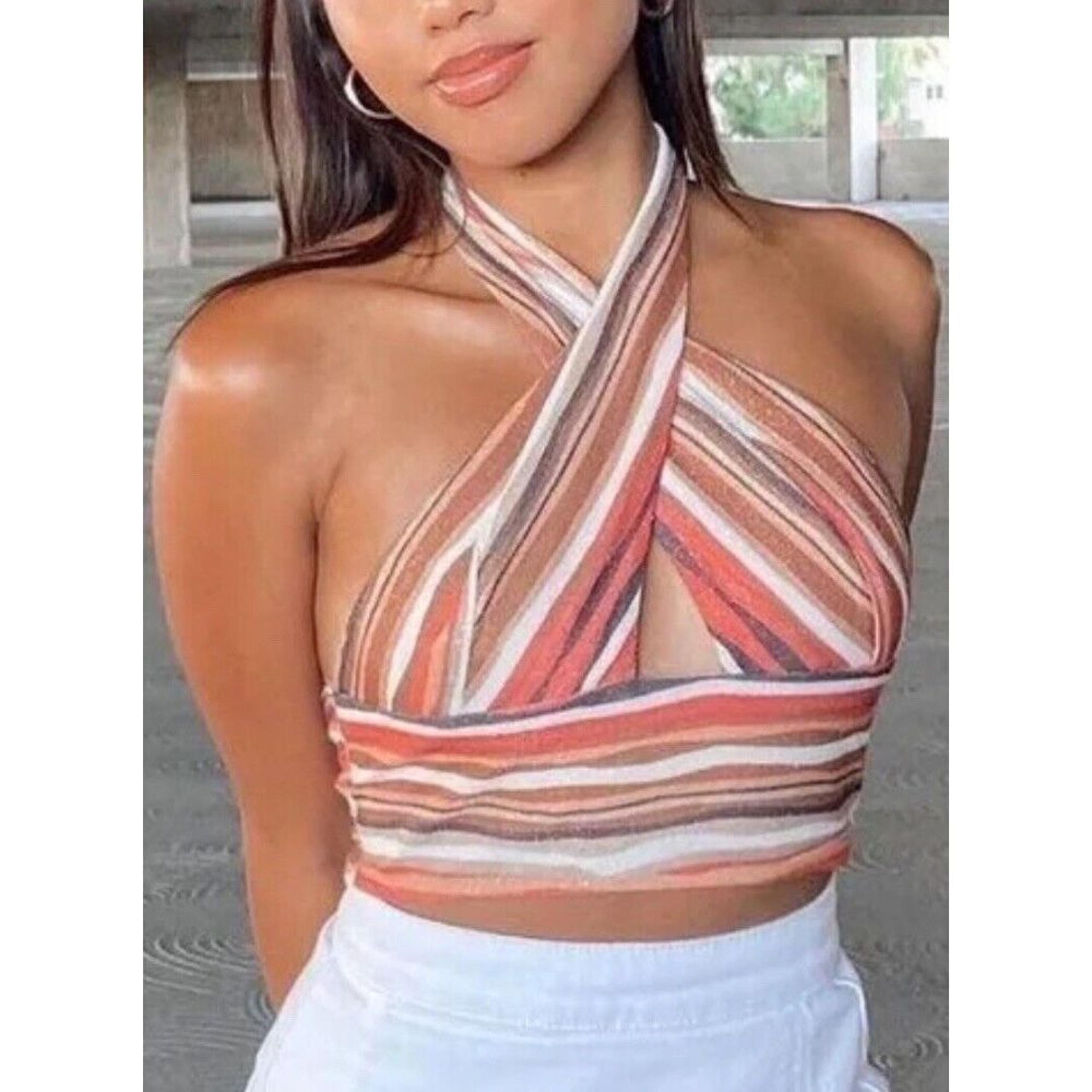 NWT Women's Sz 12 Princess Polly Luci Versatile Tie Halter Crop Top Multi Stripe