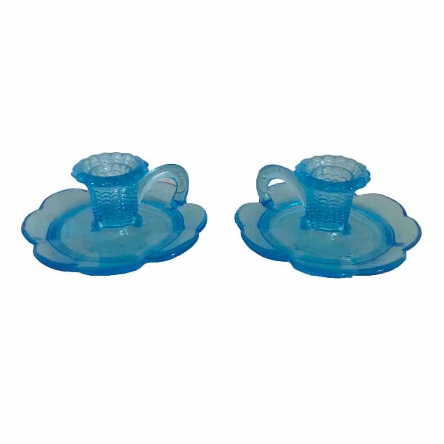 Vintage Aqua Blue Scalloped Finger Loop Tabletop Tapered Candle Holders Set