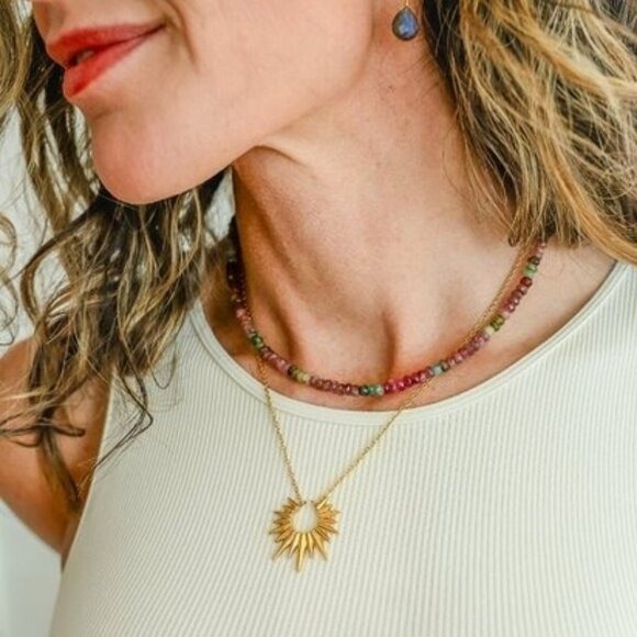 Watermelon Tourmaline Beaded Necklace Non-tarnish Gold Chain BEAUTIFUL Necklace