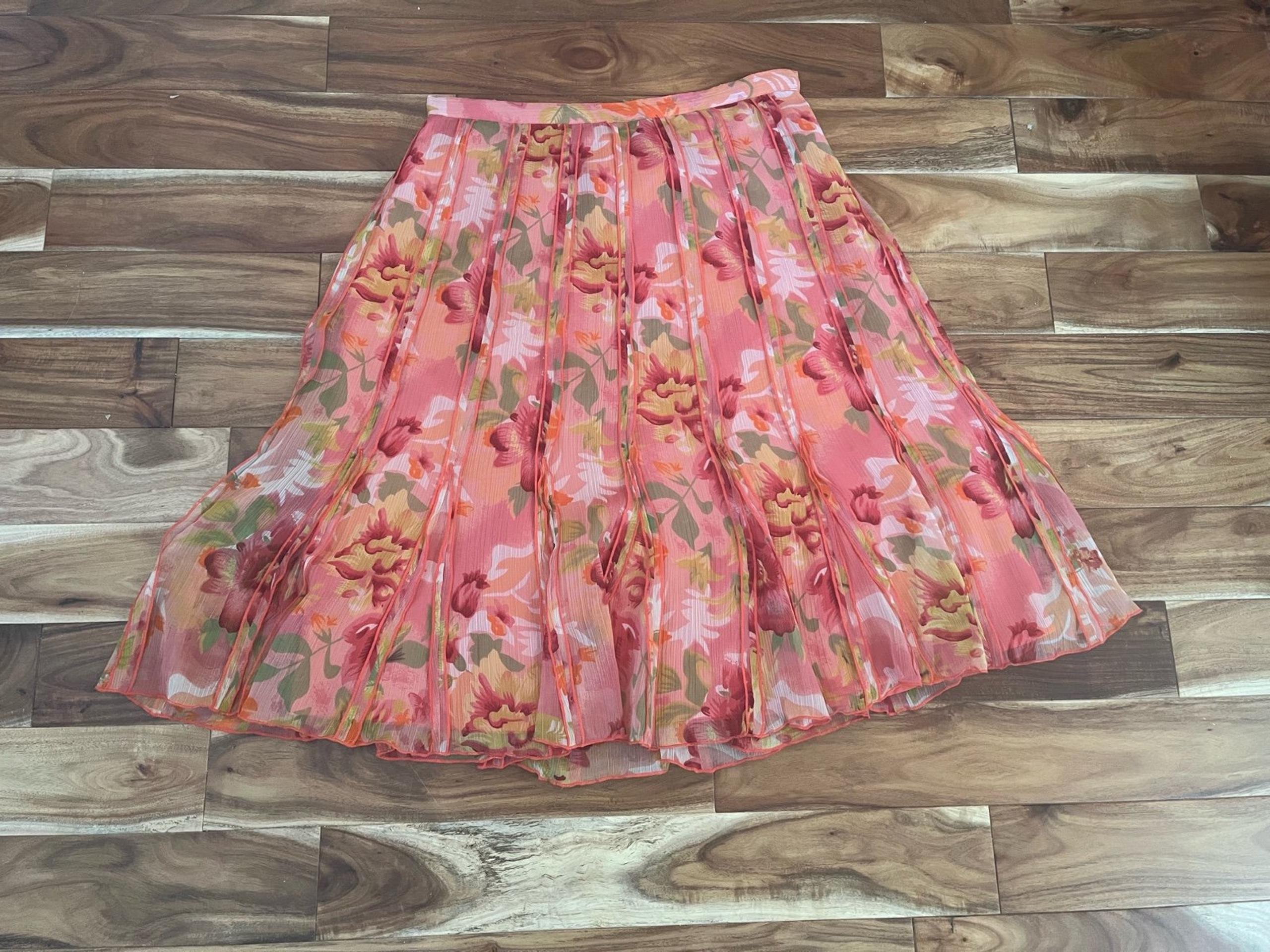 Vintage Cold Water Creek pink and orange chiffon midi floral skirt