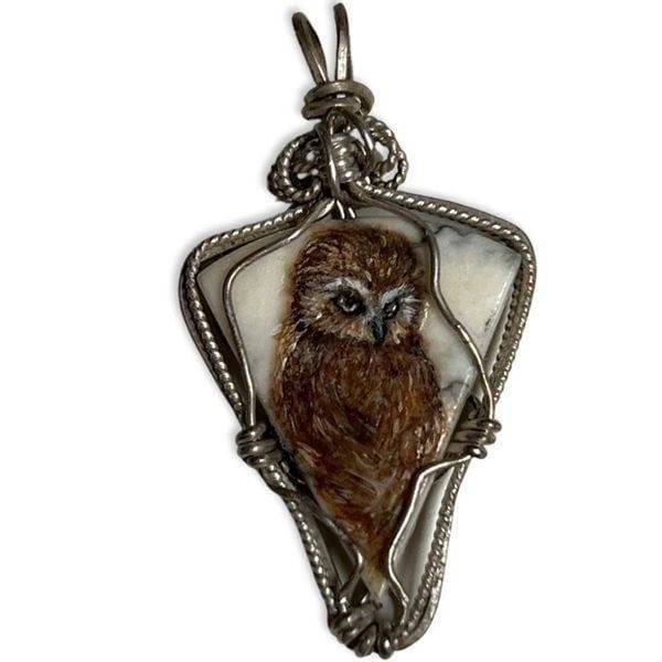 Hand Painted Lee Ann Park Owl Pendant Silver Jewelry Animal Charm Vintage