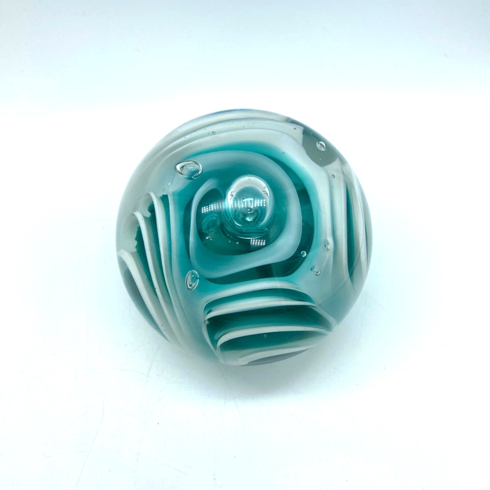 Dynasty Gallery Teal White striped glass paperweight home decor zebra stripes