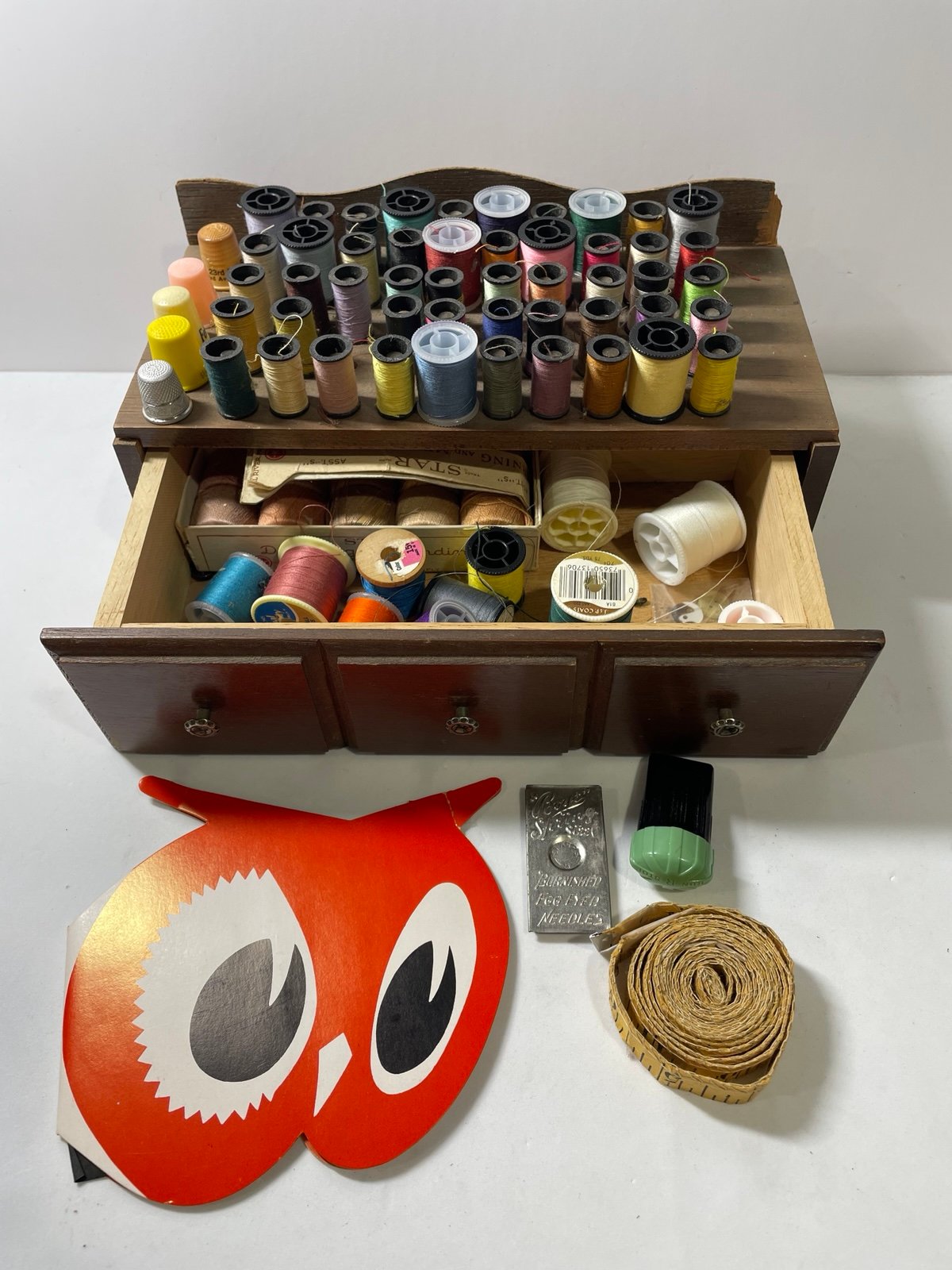 Wood Sewing Box Thread Bobbin Organizer with Drawer Spools Thimble Notions Tape