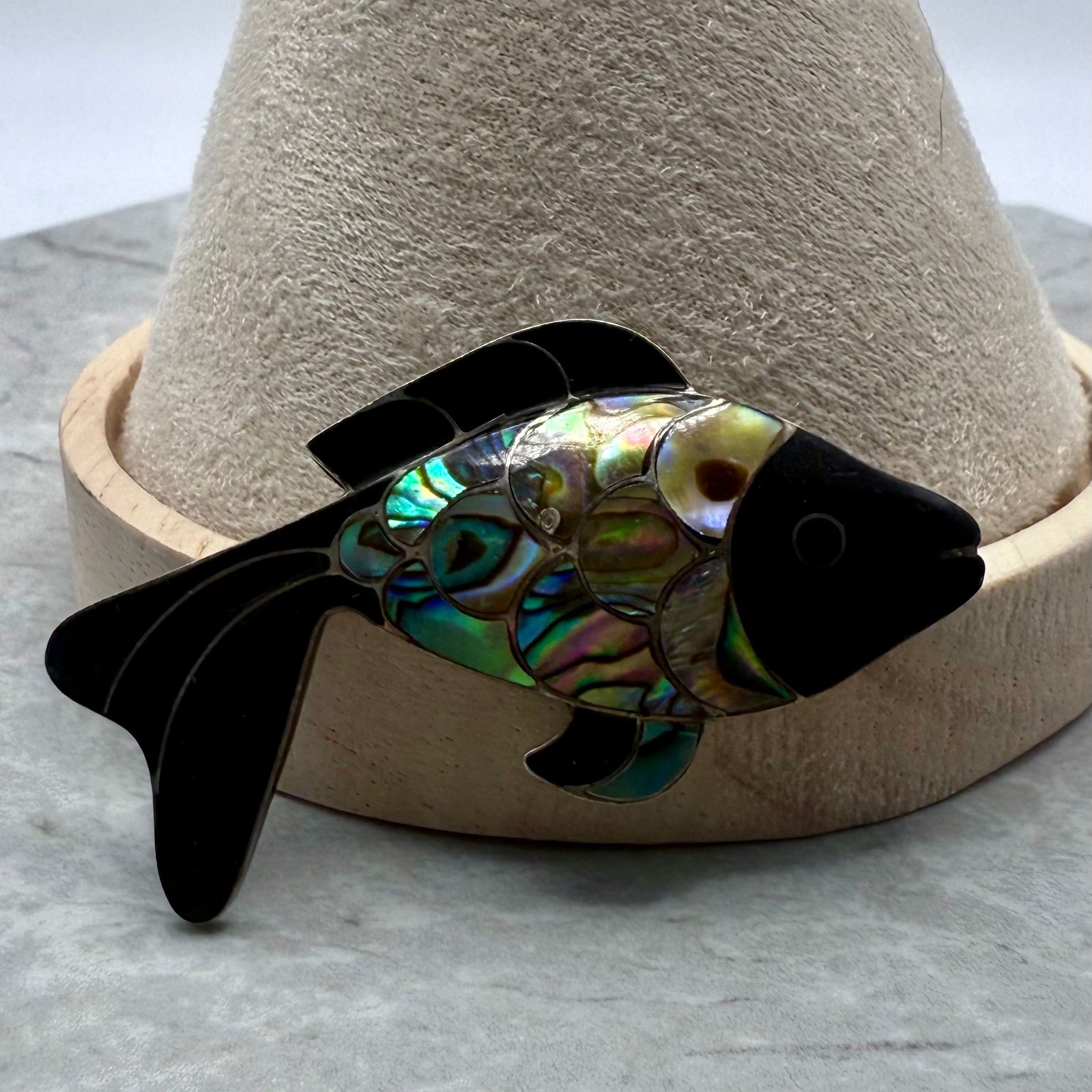 Sterling Silver Abalone inlay and Enamel Fish Pin Brooch Lapel Pin
