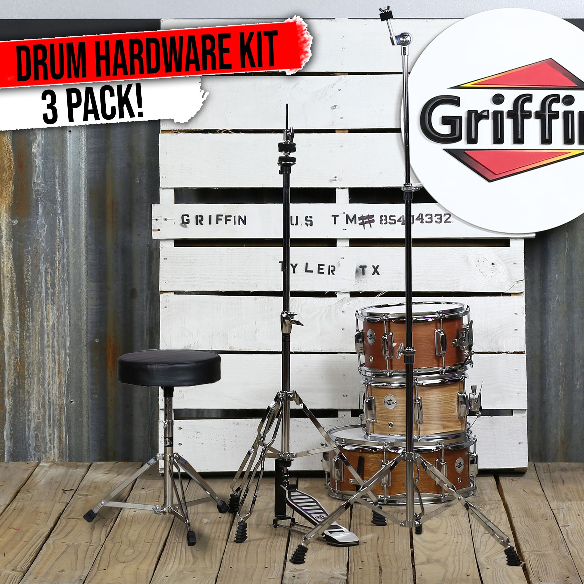GRIFFIN 3-PACK Hi-Hat Pedal, Drum Throne, Cymbal Stand | Percussion Mount Holder