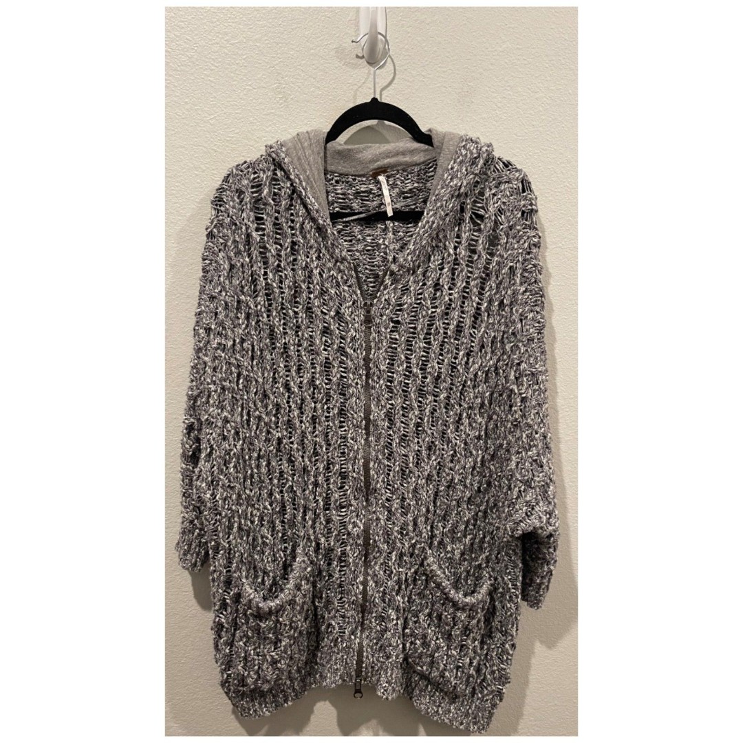 FREE PEOPLE Heather Chunky Knit Hooded Zip Oversized Cardigan Gray