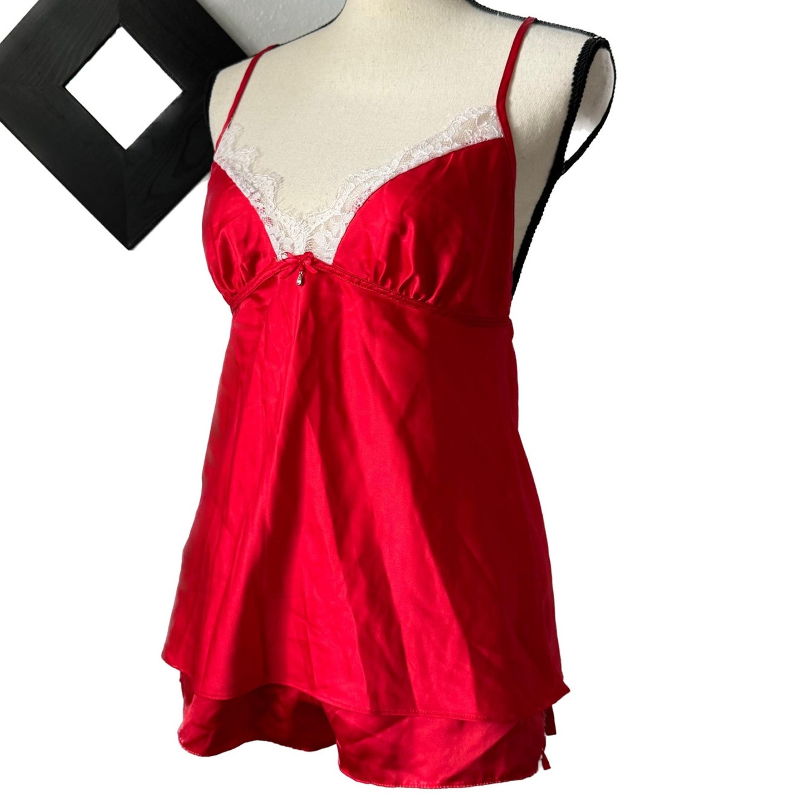 NWOT Womens Red Satin Lace Camisole Top & Bottom Lingerie Set V-Neck Size Small