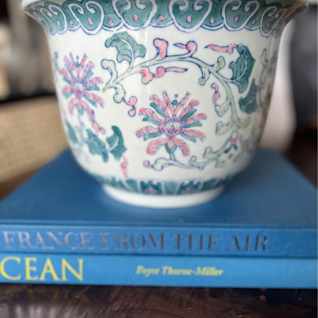 Vintage Pink & Blue Chinoiserie Planter Vessel Vase Grandmillennial Chintz Asian