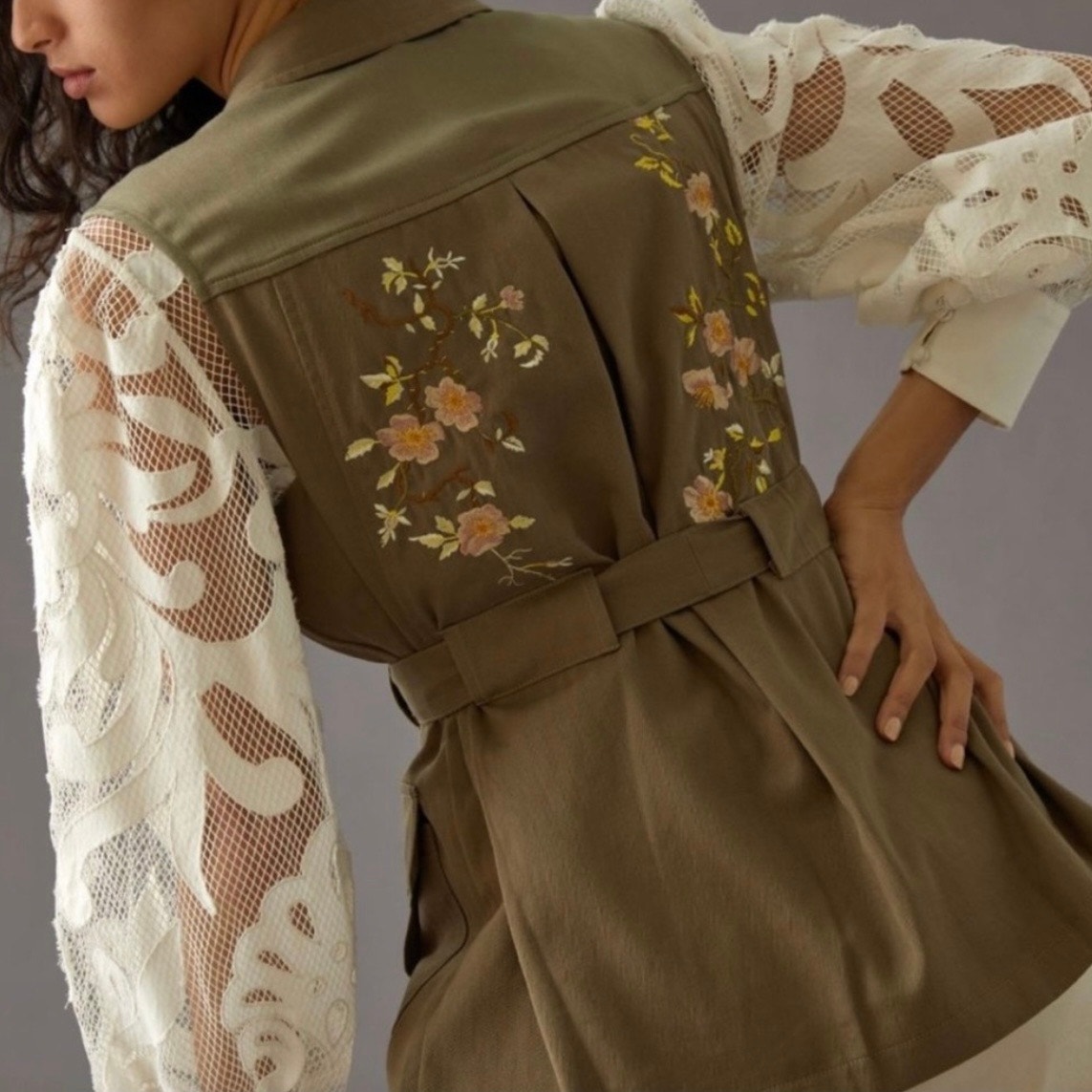 NEW Anthropologie Tiny Malia Womens Embroidered Utility Vest Floral Green Size M