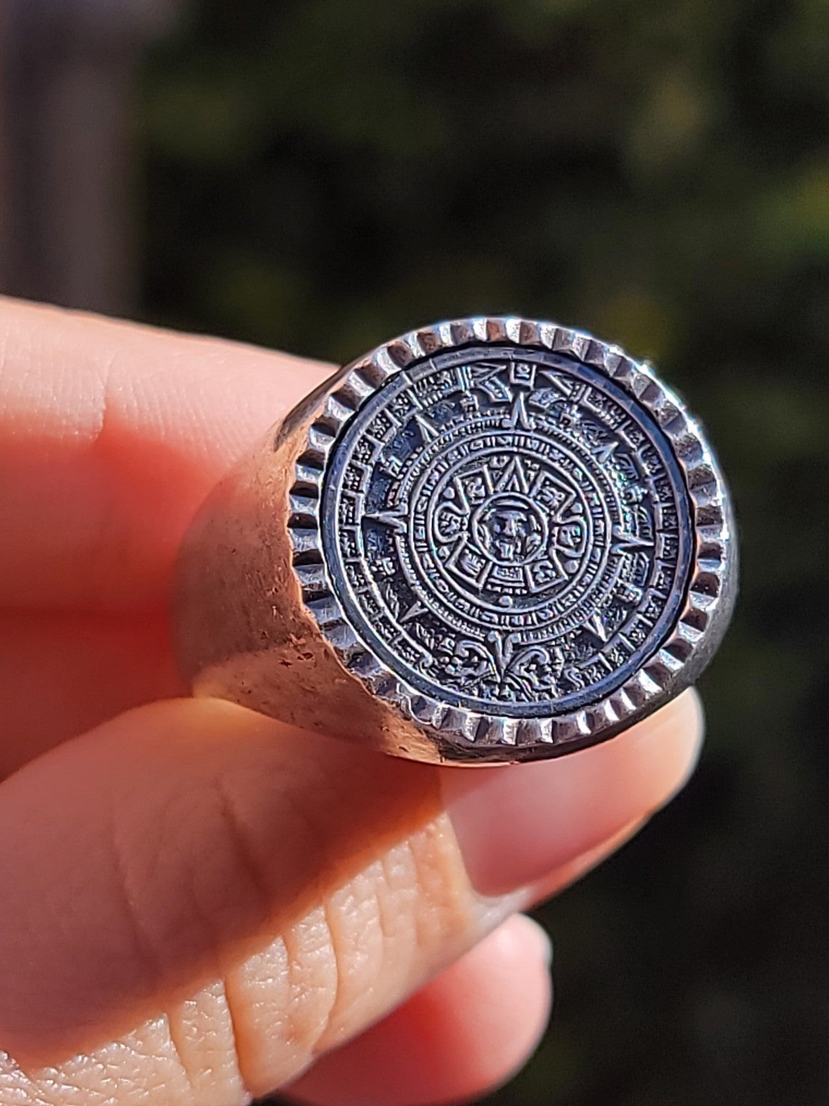 Large Sterling Aztec Calendar Ring