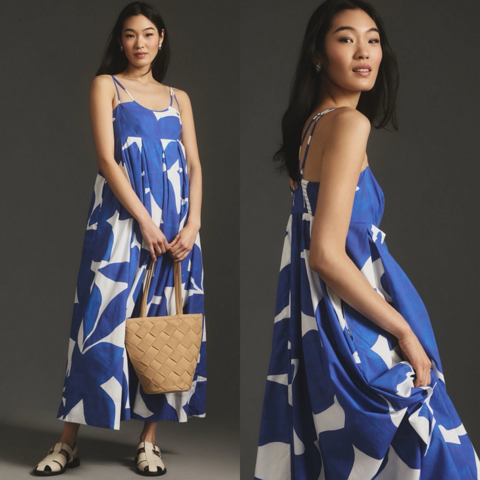 Anthropologie Sleeveless Babydoll Maxi Dress Blue White Medium
