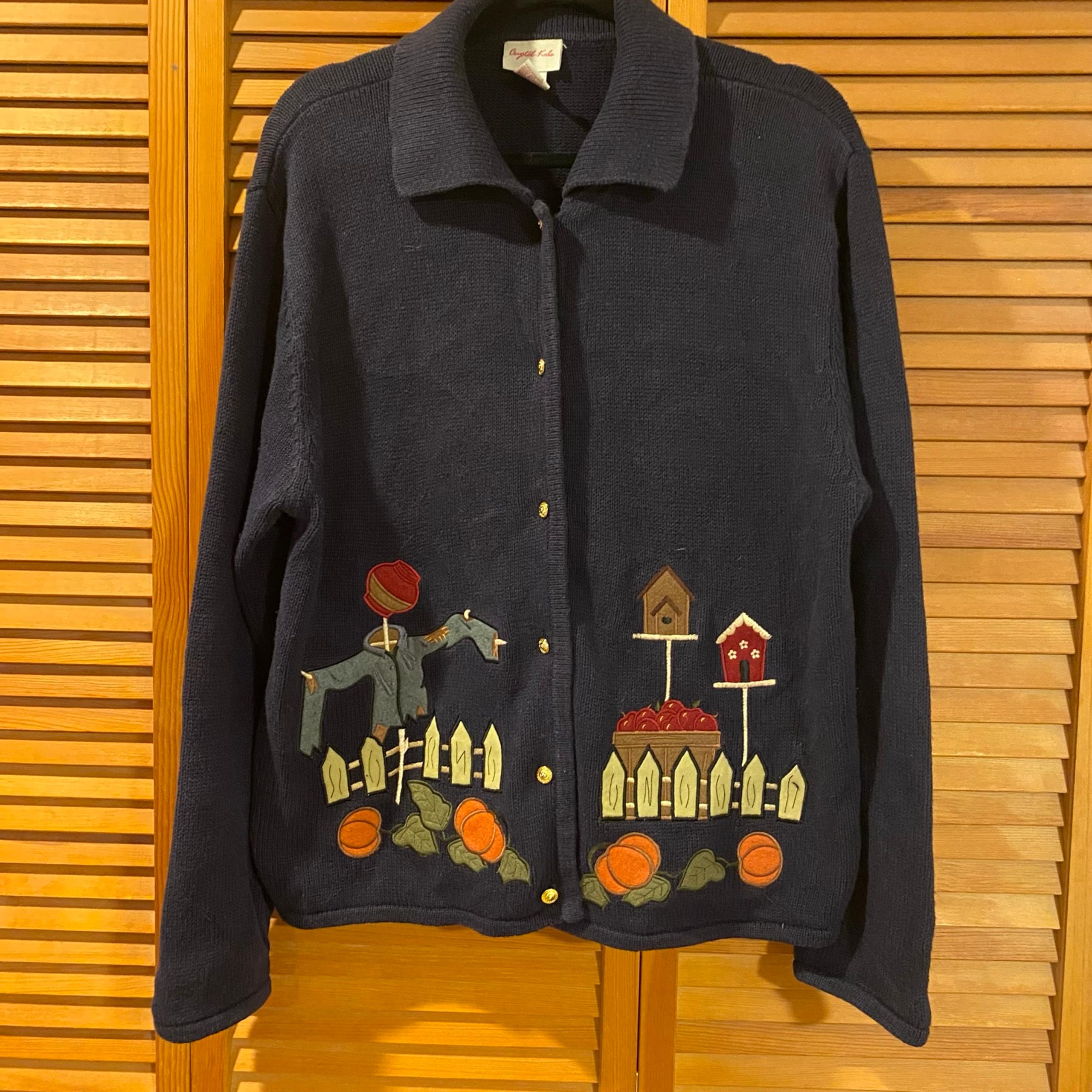 Crystal Kobe Women’s Blue Fall Cardigan Sweater Scarecrow Pumpkins Fall-Sz L