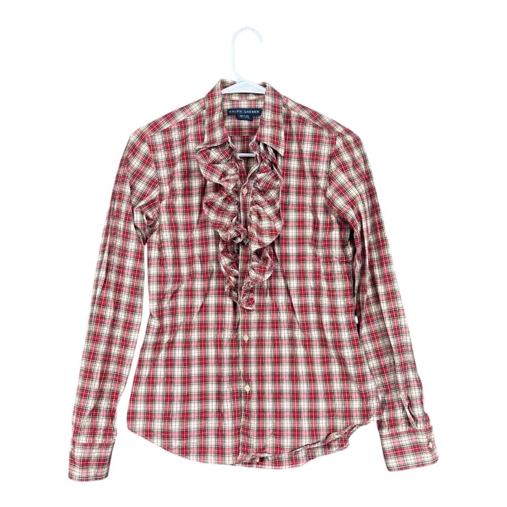 Ralph Lauren Women's 8 100% Cotton Red Plaid Ruffle Front Button Shirt
