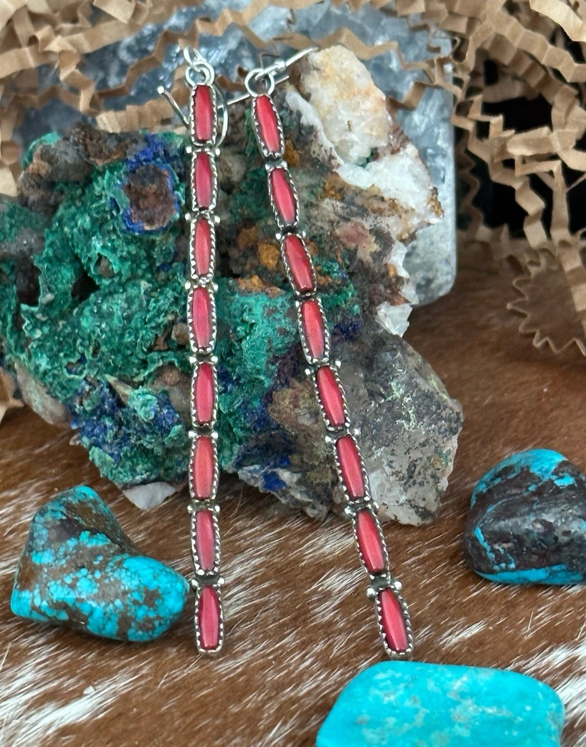 Mediterranean coral petit point super long sterling silver southwester earrings