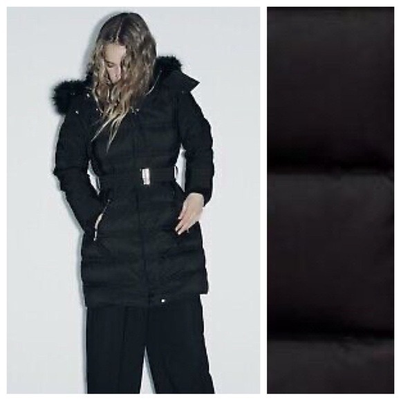 NWT. Zara Black Longline Hooded Down Puffer Coat. Size XL.