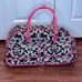 Damask Pink White and Black Carryon Bag White Wheels and Handles
