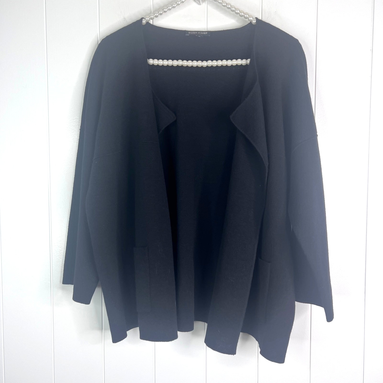 Eileen Fisher Black Open Front 100% Wool Waist Length Cardigan SZ L
