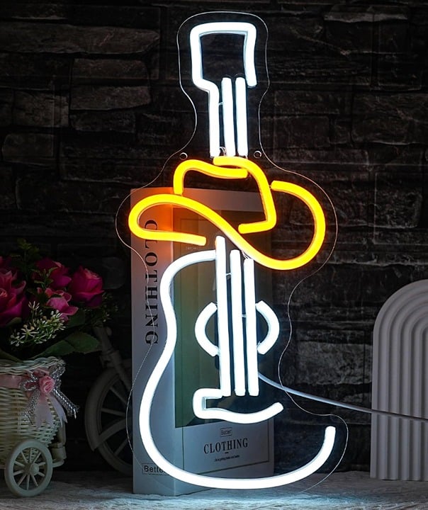 Fun Bright White Guitar Cowboy Hat LED Night Light Room Wall Music Decoration